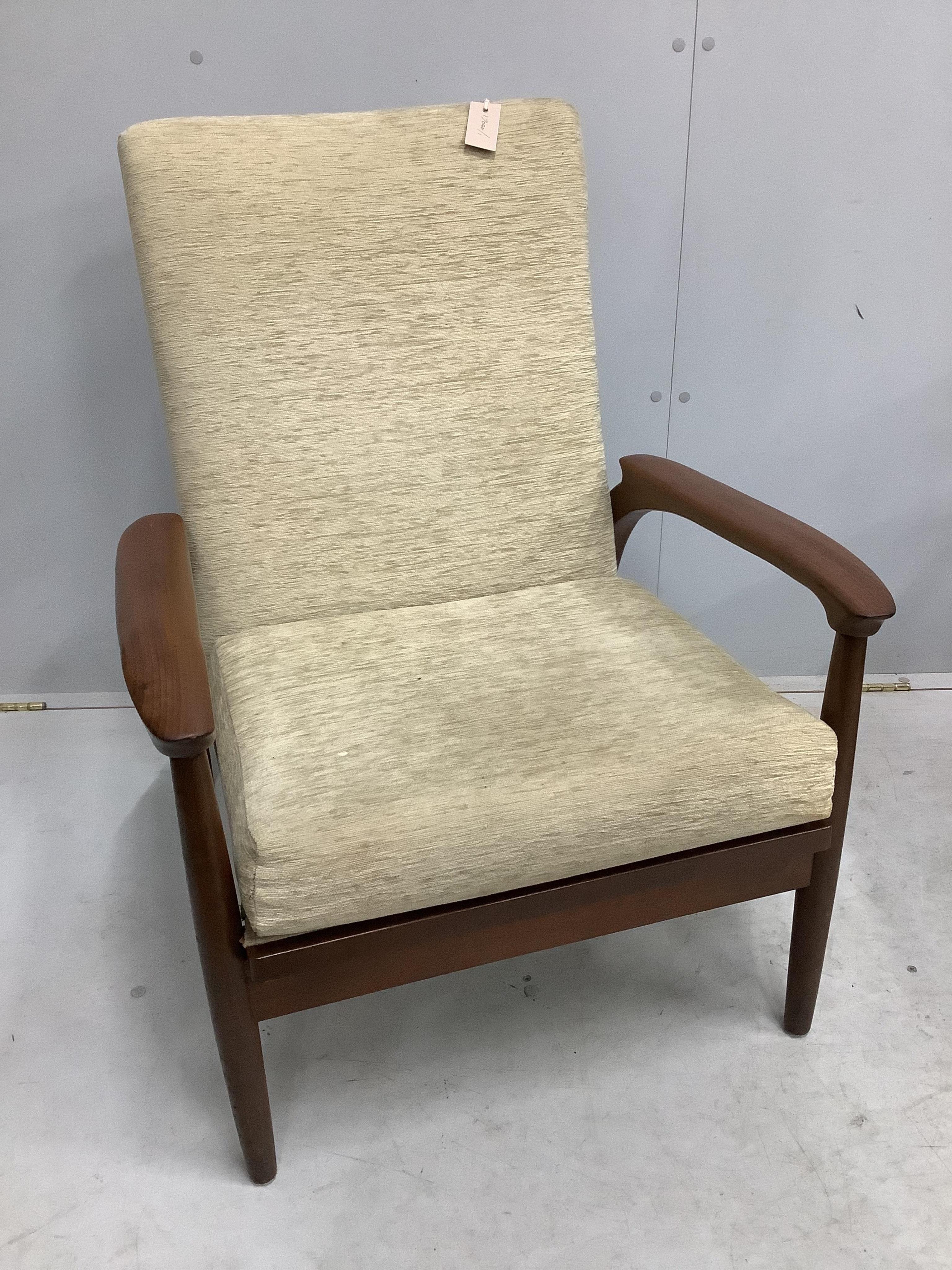 Two mid century armchairs, larger width 66cm, depth 62cm, height 99cm. Condition - fair to good